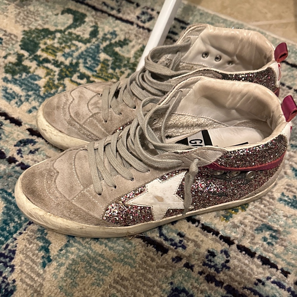 Golden Goose Silver Glitter Sneakers with Pink Accents